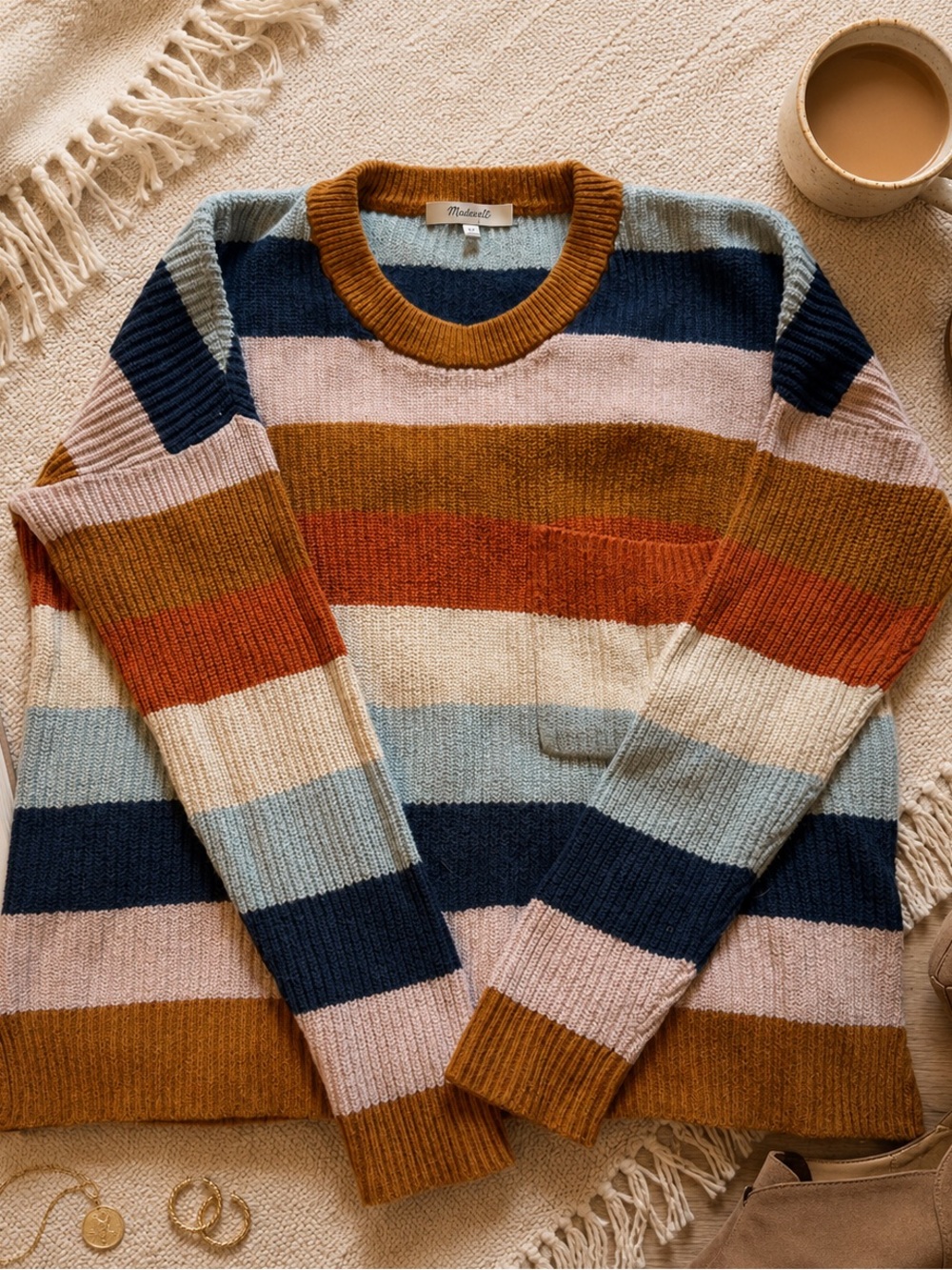 Madewell Thompson Rainbow Stripe Ribbed Knit Pocket Sweater XS